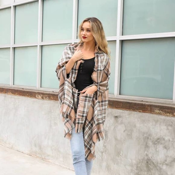 Leto Accessories Accessories - Beige Classic Plaid Pocket Ruana Shawl Wrap